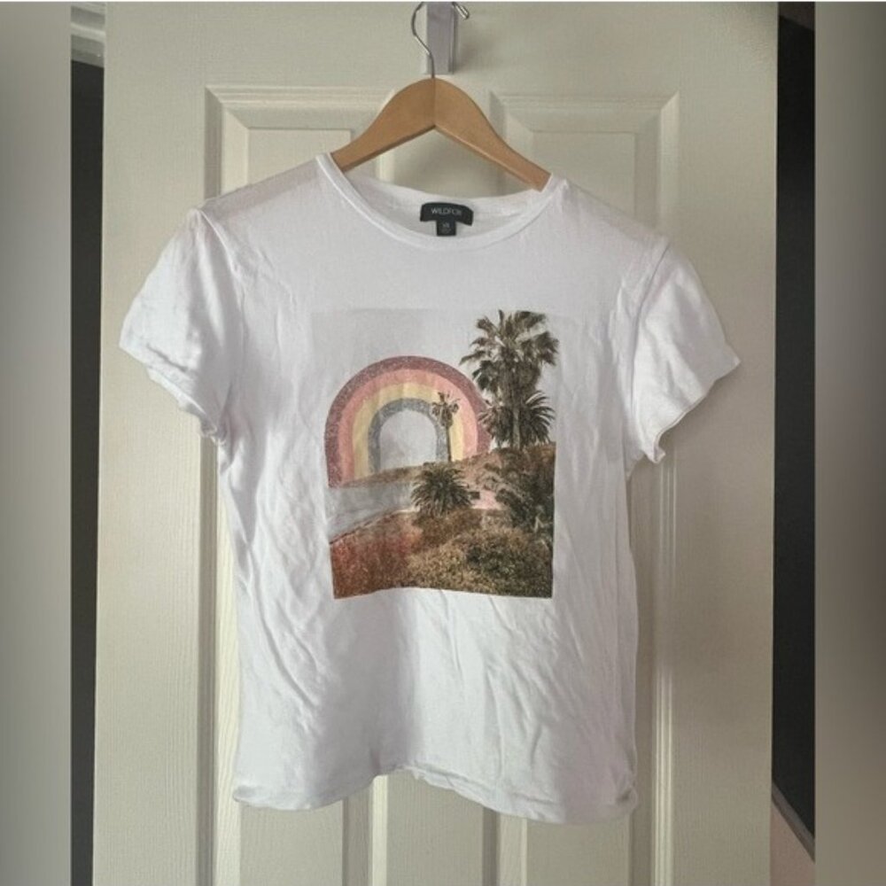 Wildfox XS Graphic Tee Rainbow Palm Trees White Distressed Style T Shirt